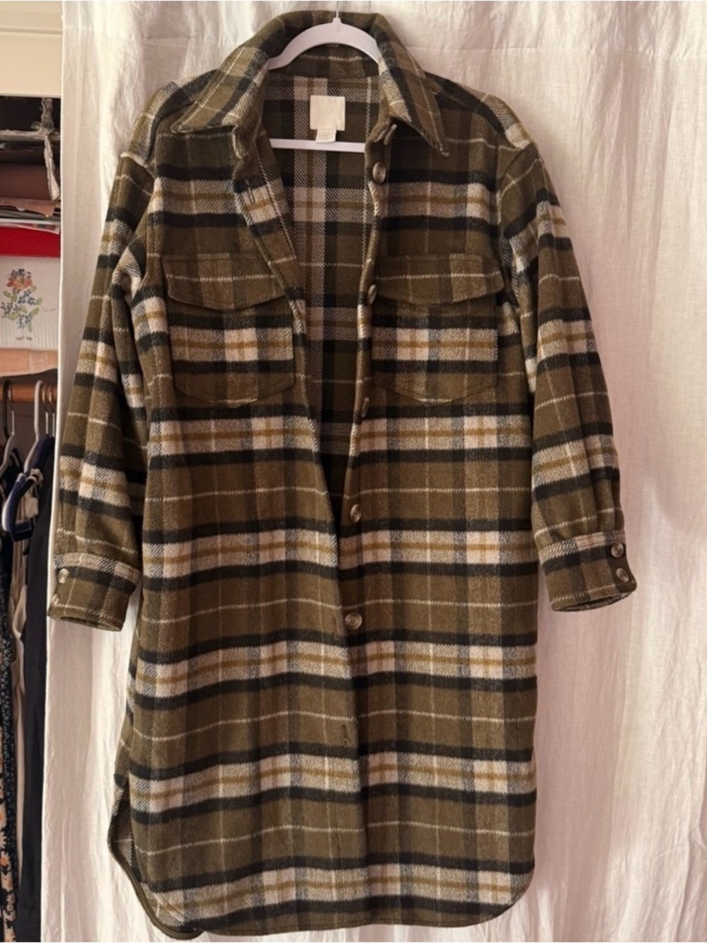H&M Olive Plaid Longline Shacket